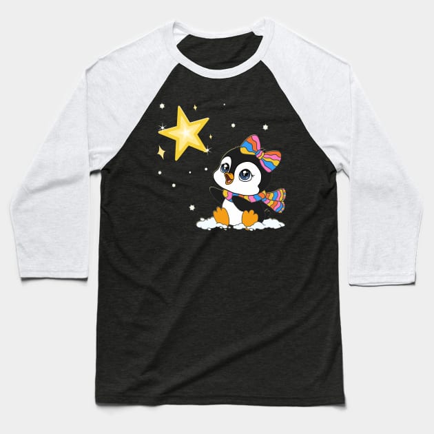 Baby Penguin with a Bright Star Baseball T-Shirt by AlondraHanley